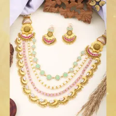 A still shot of the elegant pastel-colored multi-layered necklace set. I provide these high-quality images to my retail partners to help them market these unique collections on social media.