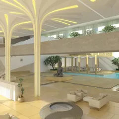 A conceptual render for a clubhouse lobby, featuring grand, tree-like pillars with integrated lighting that branch out across the ceiling. A central water body with a serene Buddha sculpture creates a tranquil and impressive entrance experience.