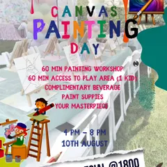 A vibrant poster for our "Canvas Painting Day," a Saturday special event that includes a painting workshop and access to a play area for one child.