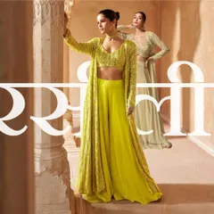 A modern take on the palazzo set. This three-piece ensemble includes a crop top, wide-legged palazzo pants, and a matching long-line jacket, shown here in vibrant lime and subtle gold.