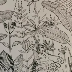 A close-up of the dense foliage in my black and white tropical line art style. The varying patterns in the leaves add depth and texture to the overall design.