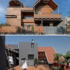 A feature image from The Architect's Diary showing the exterior and terrace of the Madhura house, highlighting its unique blend of earthy materials and modern forms.
