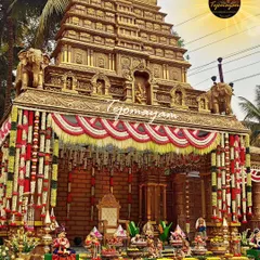 A majestic temple-themed mandap for a wedding, designed to replicate the grandeur and sanctity of traditional South Indian temple architecture.