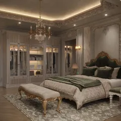 This view highlights the custom-designed glass and wood wardrobe, seamlessly integrated into the classic luxury bedroom design for elegant storage.