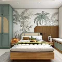 This bedroom design brings the outdoors in with a beautiful tropical-themed wallpaper. The room is furnished with a cane-accented wardrobe, a wooden bed, and a long window seat, creating a fresh and airy resort-like feel.