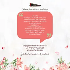 Thank you for these kind words! Knowing that our bar setup and drinks were a fantastic part of your engagement ceremony means the world to us. Our team is motivated by making your events a success.