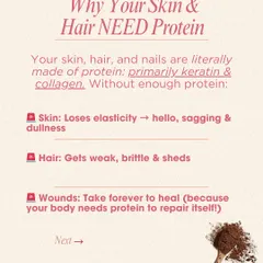 Did you know your skin, hair, and nails are primarily made of protein? This graphic explains why a lack of protein can lead to sagging skin, brittle hair, and slower wound healing, highlighting its foundational role in your body.