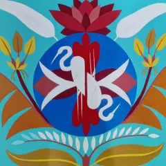 A close-up of a custom symmetrical painting I designed. This piece features a central white crane and lotus motif, symbolizing grace and purity, set against a vibrant turquoise and red background.