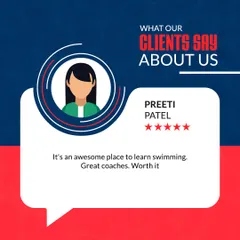 "An awesome place to learn swimming. Great coaches. Worth it." This concise and powerful review from our client Preeti Patel reflects the quality and value we strive to provide in every lesson.