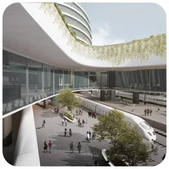 A view from the platform level, looking up at the open green courtyards and cascading greenery. This design ensures natural light and ventilation reach the platforms, improving the passenger experience.