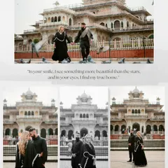 A creative shot with pigeons taking flight in front of Albert Hall Museum. We love incorporating dynamic elements like this to bring life and energy to your pre-wedding photos.