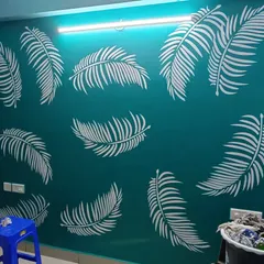 A vibrant teal wall brought to life with a scattered pattern of crisp white palm leaf stencils, creating a fresh, tropical-inspired accent for any room.