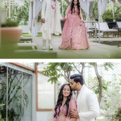 Two beautiful scenes from a first-anniversary celebration. The couple is seen walking hand-in-hand by a pool and sharing a quiet, romantic kiss in a sunlit conservatory.