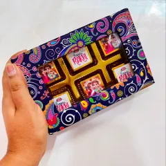 Holding a finished box of my custom Rakhi chocolates. The vibrant, traditional print on the box makes it a delightful and sweet gift for Raksha Bandhan.