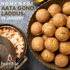 A close-up of my Homemade Aata Gond Laddus, made with whole wheat flour and edible gum (gond). Sweetened only with organic jaggery and enriched with desi ghee, these are a timeless classic, perfect for boosting energy and immunity.