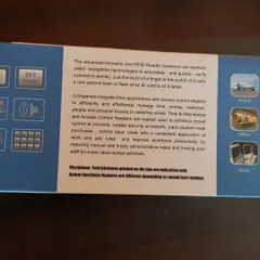 The back of the eSSL box explains how biometric and RFID readers can be used in airports, offices, and banks for time attendance and access control.