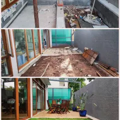 This series shows the step-by-step process of a garden makeover, from the initial messy site to the final landscaped lawn and seating area.