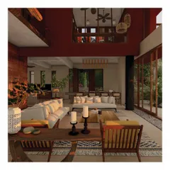 A visualization of 'The Red Haus', a villa project in Lonavala. The design features a double-height living room and an open layout, creating a seamless and transparent connection between the indoor spaces and the lush landscape outside.