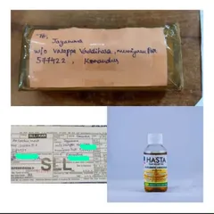 This collage shows a package addressed and ready for shipping, the courier receipt, and a clean shot of the Hasta Pain Relief Oil. This is how I track each order sent out.