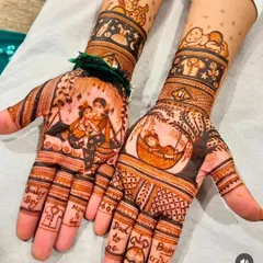 Another example of my baby shower mehandi, this one tells a story with a "Mom to be" and "Dad to be" portrait, a baby in a cradle, and other cute elements.