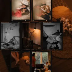 A collage of film-style photos from an intimate indoor session, showing a variety of cozy and romantic moments around the house.