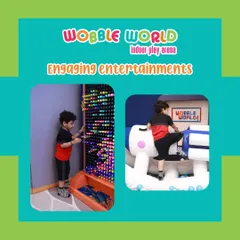This collage shows two of our engaging entertainment options: the colorful light wall and one of our soft climbing structures.