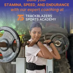 This graphic highlights our core training focus: building stamina, speed, and endurance. The image shows an athlete engaged in a barbell squat, a foundational exercise for lower body strength.