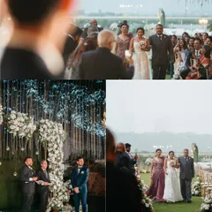 A collage telling the story of the bride's walk down the aisle. It shows her parents giving her away and the groom's emotional reaction as he sees her for the first time.
