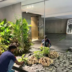 The "During" phase of the installation. Our team is carefully placing natural rocks and arranging a variety of faux plants to build the foundation of the rock garden.