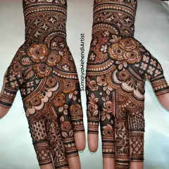 This semi bridal design is filled with gorgeous roses. I used shading to give the flowers a realistic, 3D effect, and combined them with a classic jaali (net) pattern.