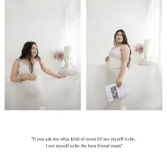 This diptych shows two sides of this mother-to-be's personality. One is a gentle, smiling portrait, and the other is a fun shot with her "Baby Coming Soon" newspaper, both beautifully captured in our studio.