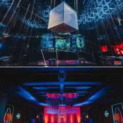 A look at the 'Infinity and Beyond' party setup. The top image shows a suspended cube and intricate trussing, while the bottom reveals the ambient lighting that transformed the entire venue.