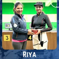 Our shooter Riya receives her prize from Coach Deepali Deshpande after securing 1st place in the final match of the Rifle Camp, a culmination of intensive training.