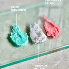 A look at the textures of our three body polish scents: the fresh aqua 'Crisp Cucumber', the beachy 'Tropical Escape', and the sweet and fruity 'Cranberry Crush'. Each one is a unique sensory experience.