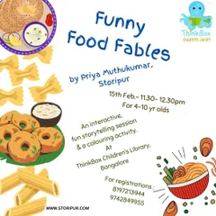 A poster for "Funny Food Fables," an interactive storytelling session all about food from around the world.