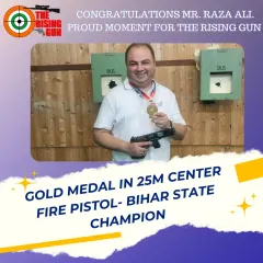 We are incredibly proud of our students' achievements. This is Mr. Raza Ali, who trained with us and won the Gold Medal in the 25m Center Fire Pistol category at the Bihar State Championship, proving that dedication and expert coaching lead to victory.