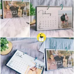 A collage showing the different angles and pages of a custom 2025 ring-bound calendar. You can see how each month features a new family photo.