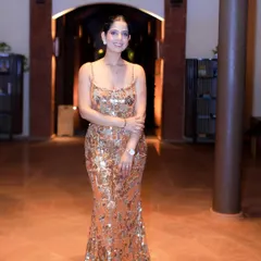 A full-length shot of my sequined gown for the Terumo India gala night in Goa. Dressing the part is essential for a glamorous event.