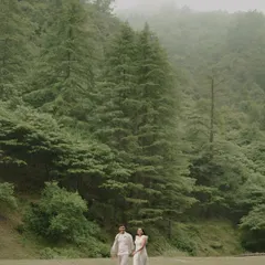 Ayush and Ashi walking through a lush green meadow in Mussoorie, surrounded by towering pine trees, a perfect picture of serenity.