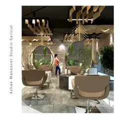 The main styling area at Azhak Makeover Studio, where functionality meets high design. The custom mirrors, ergonomic chairs, and integrated planters are all part of a design that is both beautiful and practical for stylists and clients.