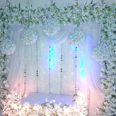 This is a modern, all-white Ganpati decoration theme. I used a sheer white fabric backdrop with subtle colored lighting, a frame of white orchids, and hanging floral balls to create a serene and elegant space.