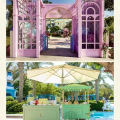 The grand entrance to the 'Victorian Luncheon'. A blush pink façade with elegant gates welcomed guests to the poolside event, establishing the soft, romantic, and slightly formal tone of the celebration.