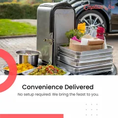Convenience, delivered. This image shows our drop-off catering equipment ready to go, highlighting that no setup is required from your end. We bring the complete feast to you, making hosting effortless.