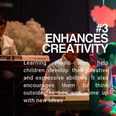 Here we highlight the third benefit, enhancing creativity. A student is shown playing the keyboard on stage, representing how music encourages kids to think outside the box and express themselves in new ways.