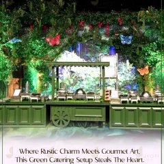 This enchanting garden-themed buffet setup brings rustic charm and gourmet food together, with lush greenery and whimsical butterflies creating a magical dining atmosphere.