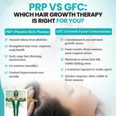 Are you considering treatment but confused between PRP and GFC? This chart breaks it down. PRP is great for strengthening roots in early stage thinning, while GFC provides a more concentrated action for areas with visible hair fall. We will guide you to the right choice for your specific needs.