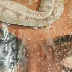 A detailed view of 'Fear', focusing on the texture of the python's skin and the water droplets on the plastic wrap. Each element is painted to be hyperrealistic, making the surreal concept feel tangible.
