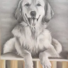 That happy, tongue-out smile is what being a dog is all about. This charcoal portrait of a Golden Retriever was all about capturing that joyful energy and friendly spirit.
