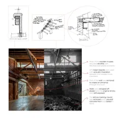 This graphic shows the anatomy of our intervention. It illustrates the surgical retrofits and structural supports needed to stabilize the old ice factory, blending technical drawings with before and after imagery. It is a map of how we suture the 'Found' to the 'Made' with both respect and precision.