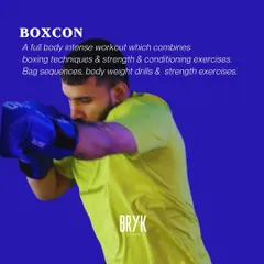This is BOXCON. It's a full-body intense workout that combines boxing techniques with strength and conditioning exercises. Expect bag sequences, bodyweight drills, and strength work.
